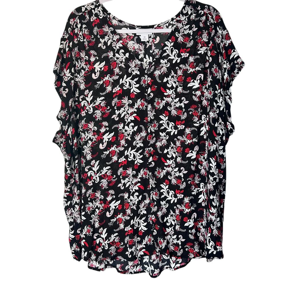 Liz Claiborne Blouse Top Black Floral Boho Cottage Summer Casual  Woman's SZ 3X
